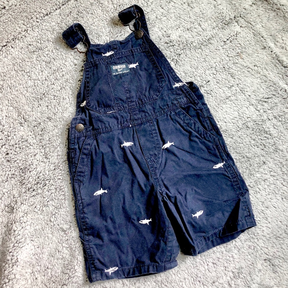 OshKosh B'gosh Navy Blue Shark Embroidered Overalls